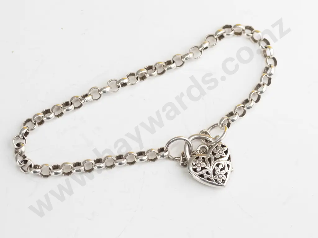 silver bracelet with heart clasp & safety chain stamped 925 on clasp Image 1++