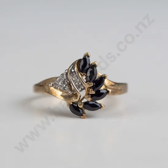 9ct gold, 6 marquis sapphire & diamond ring 2.2gms