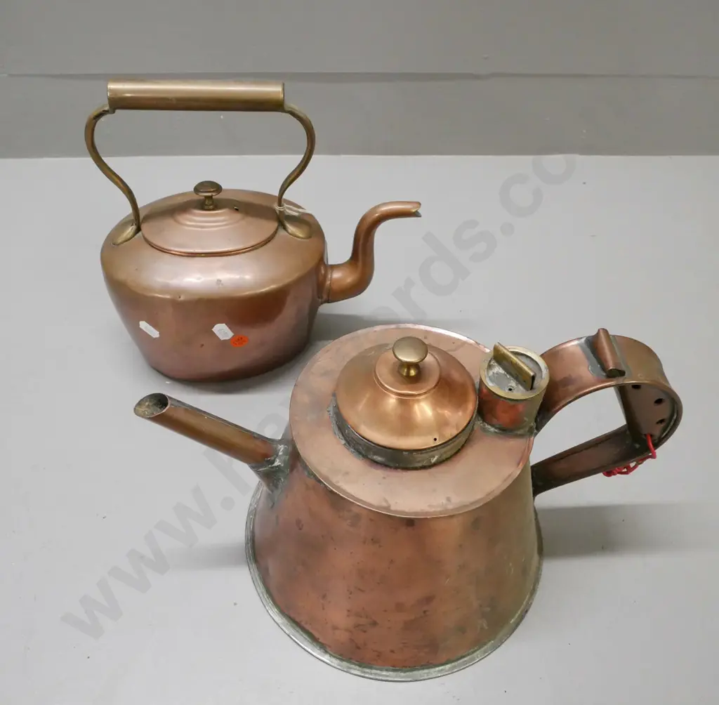 2x vintage kettles: oval kettle coppered white metal w/ brass handle; conical kettle copper w/ white metal inner. Image 1++