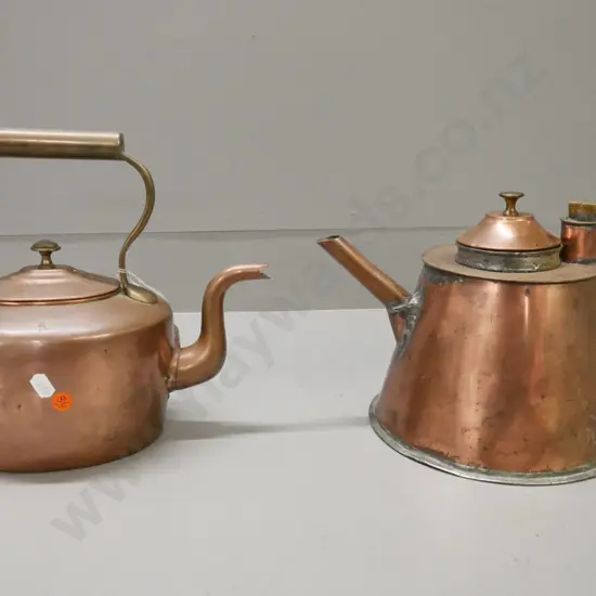 2x vintage kettles: oval kettle coppered white metal w/ brass handle; conical kettle copper w/ white metal inner.