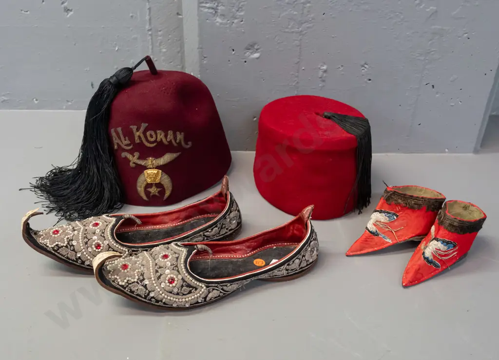 2 fez hats and 2 pairs of shoes - small Chinese shoes, Afghani pair with wire and sequin decoration plain red fez and a Image 1++