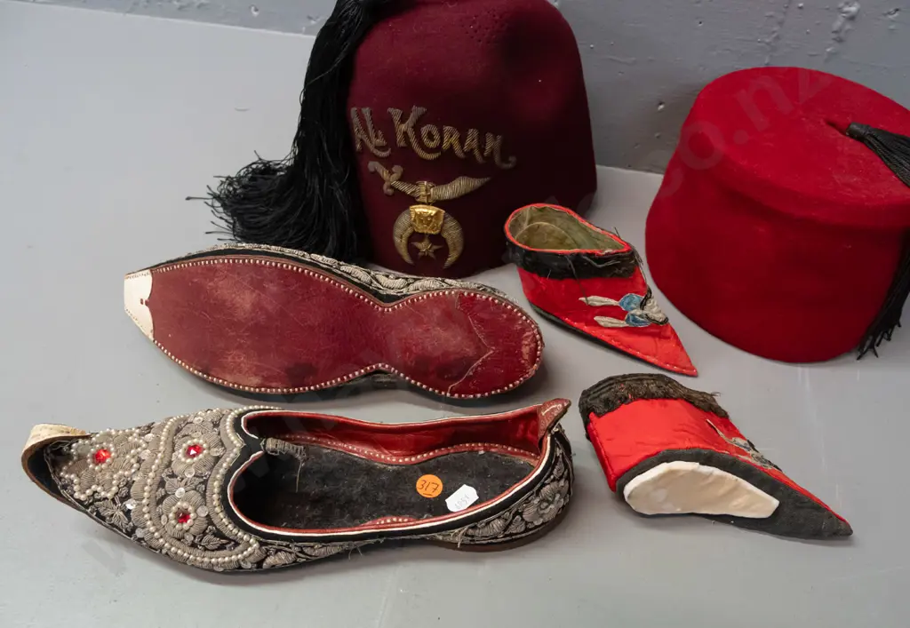 2 fez hats and 2 pairs of shoes - small Chinese shoes, Afghani pair with wire and sequin decoration plain red fez and a Image 1++