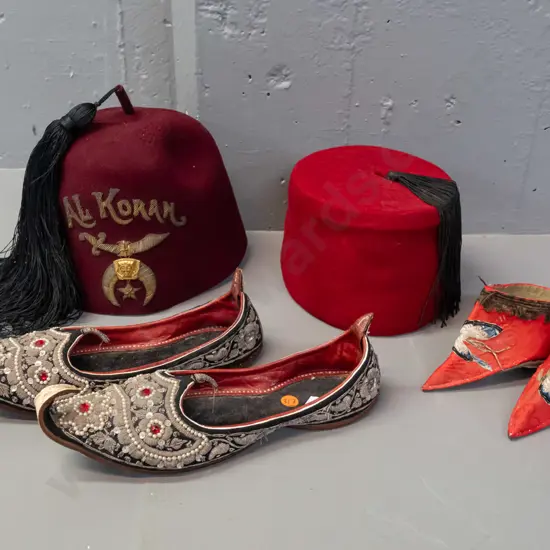 2 fez hats and 2 pairs of shoes - small Chinese shoes, Afghani pair with wire and sequin decoration plain red fez and a