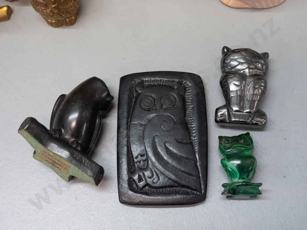 10 small owl figurines - 2 cloisonne, 3 brass, carved malachite, composite Capella Dartington, Irish Turf Craft, etc. Image 1++