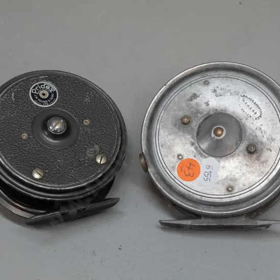 2 English fishing fly reels - JJS Walker Bampton & Co, D-95 and a JW Young & Sons Pridex, D-85