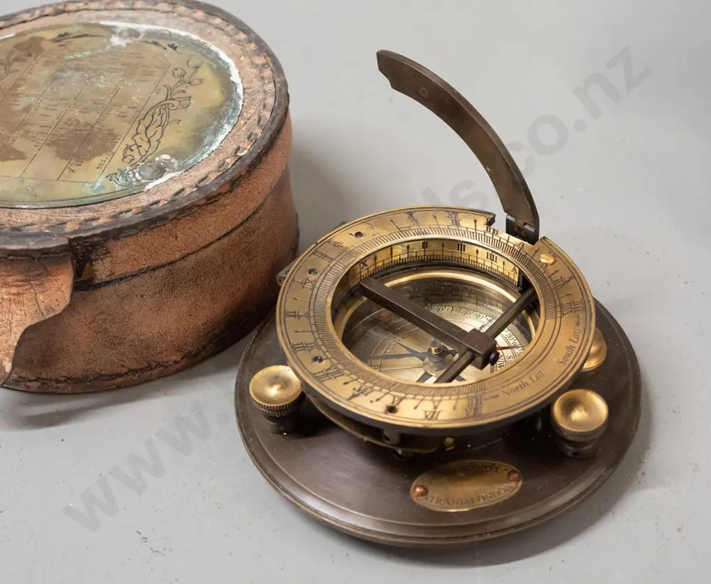 mahogany cased Baird & Tatlock spherometer and a RetroBrass Collectables reproduction sundial compass with leather case. Image 1++