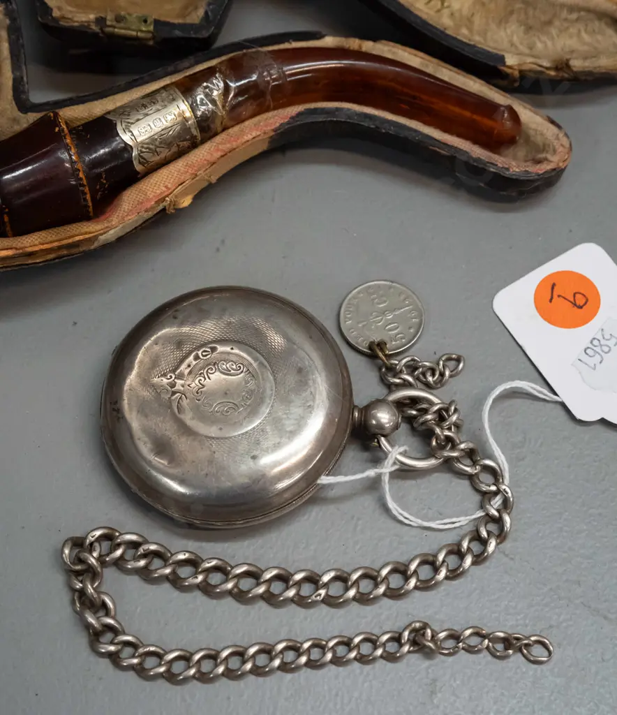 vintage sterling silver watch case, no movement, with 1934 coin, carved horn in shape of hand, sterling silver collar Image 1++