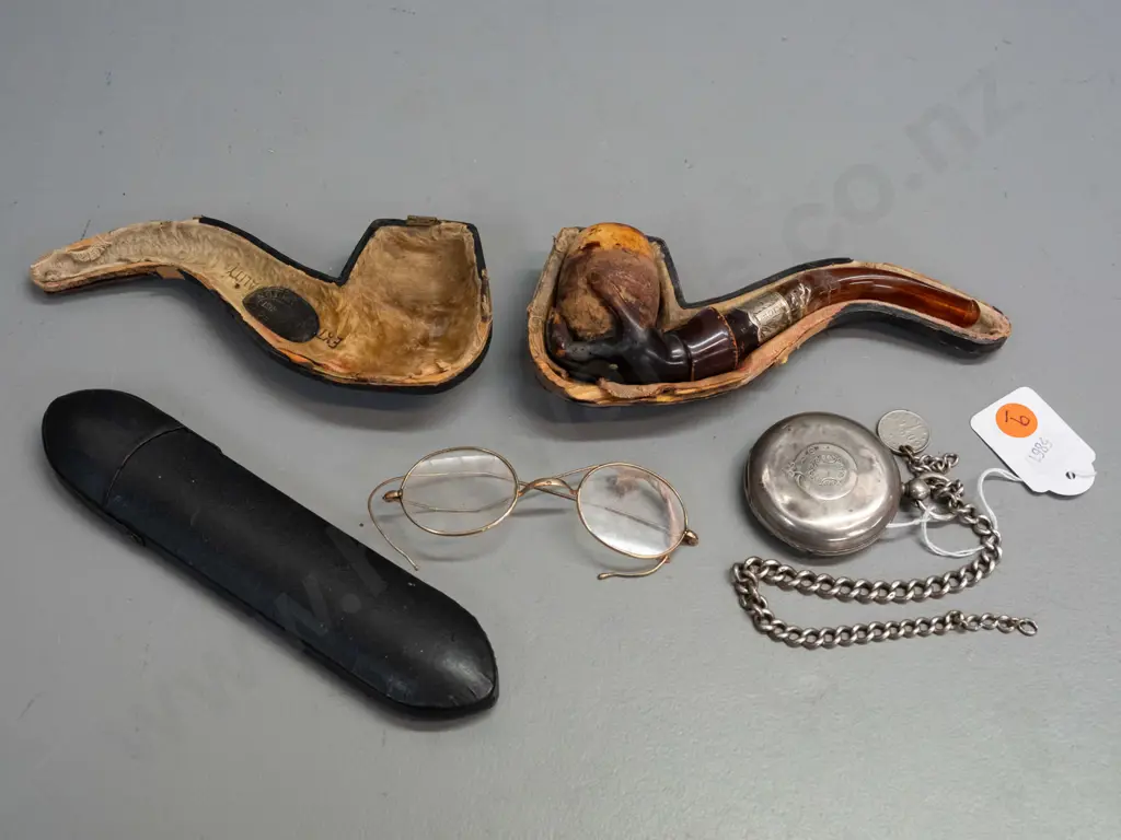 vintage sterling silver watch case, no movement, with 1934 coin, carved horn in shape of hand, sterling silver collar Image 1++
