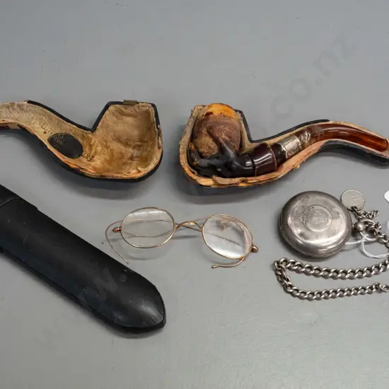 vintage sterling silver watch case, no movement, with 1934 coin, carved horn in shape of hand, sterling silver collar