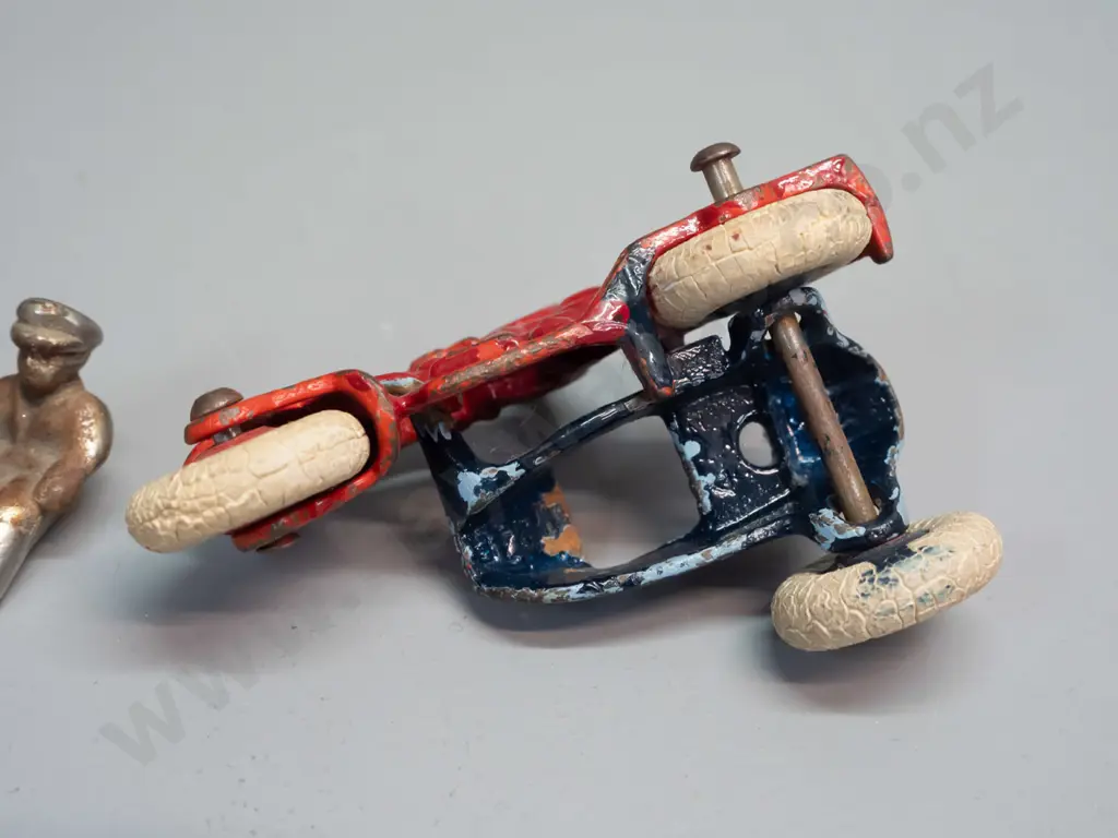 cast metal motorcycle with sidecar and loose rider figure, white tyres, mark underneath looks like "1245" - rubber tyres Image 1++