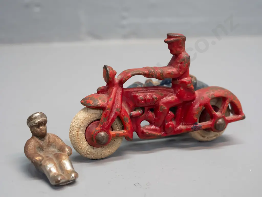 cast metal motorcycle with sidecar and loose rider figure, white tyres, mark underneath looks like "1245" - rubber tyres Image 1++