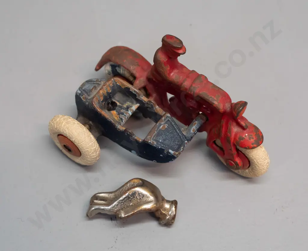 cast metal motorcycle with sidecar and loose rider figure, white tyres, mark underneath looks like "1245" - rubber tyres Image 1++