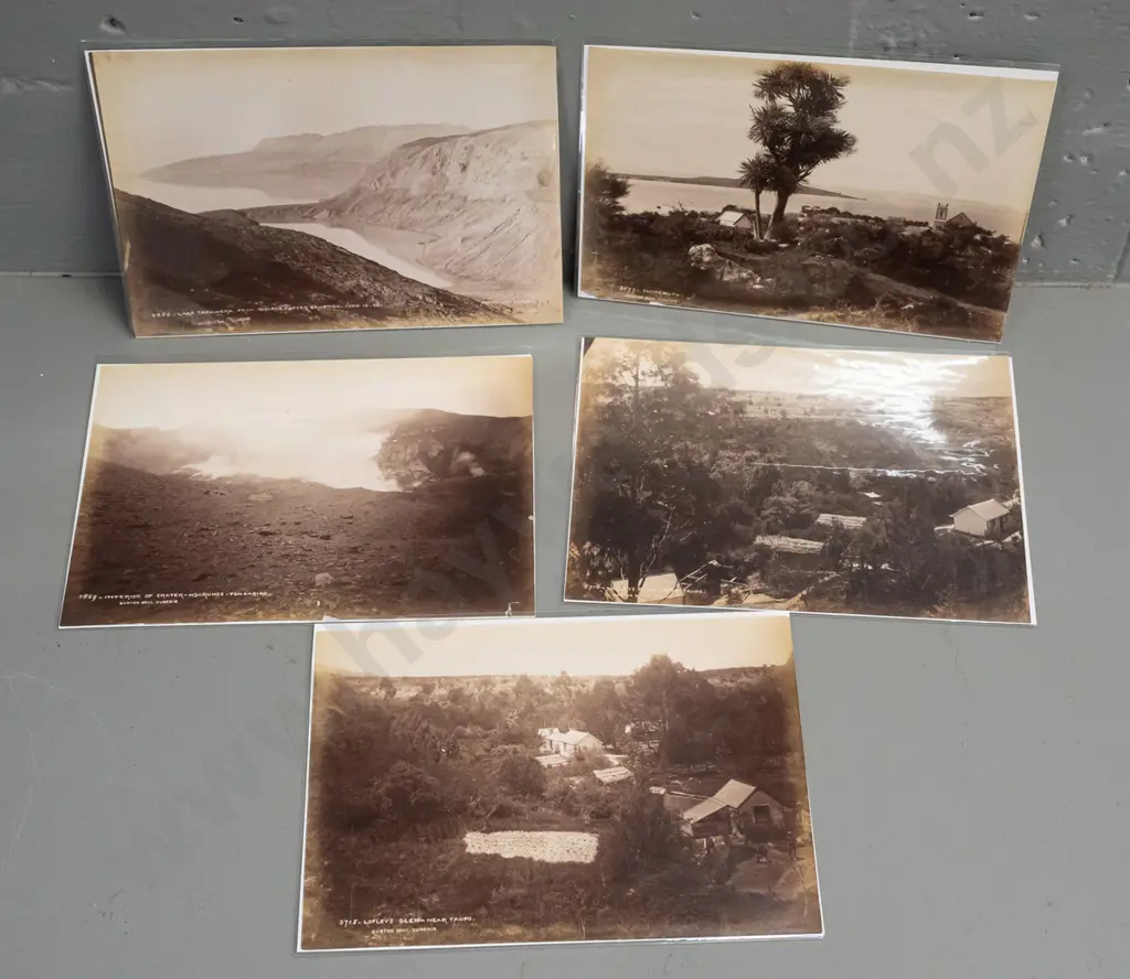 5 small vintage Burton Brothers photographs - Tongariro craters, Lake Tarawera, Taupo etc. H-145 W-195 Image 1++