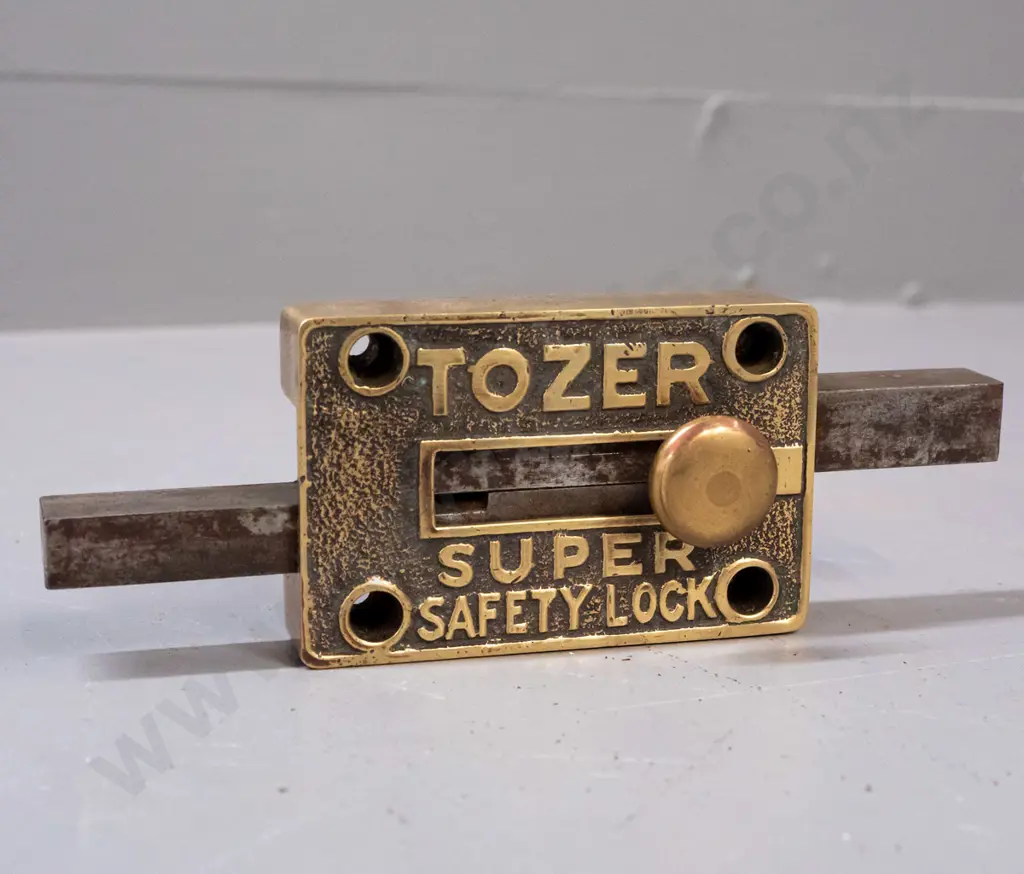 vintage brass Tozer Super Safety heavy duty double sliding lock - some corrosion to steel slides. H-60 W-140 Image 1++