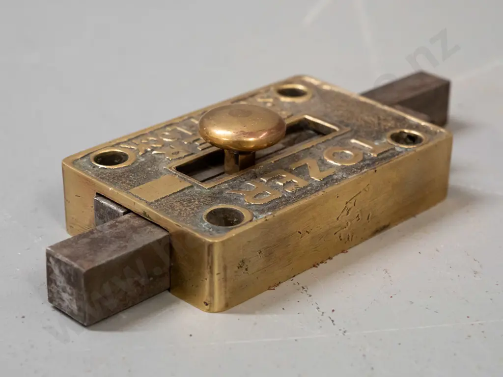 vintage brass Tozer Super Safety heavy duty double sliding lock - some corrosion to steel slides. H-60 W-140 Image 1++
