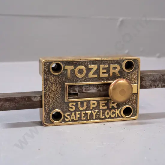 vintage brass Tozer Super Safety heavy duty double sliding lock - some corrosion to steel slides. H-60 W-140