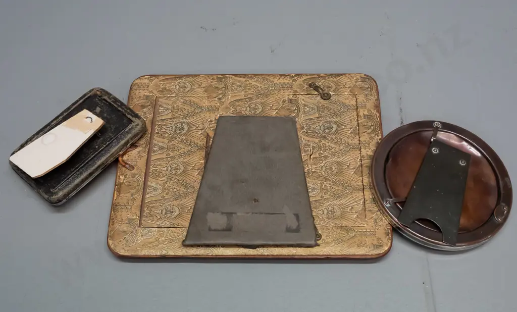3 vintage photo frames - one small rectangular hallmarked silver, one embossed leather w/gilt & polychrome decoration & Image 1++
