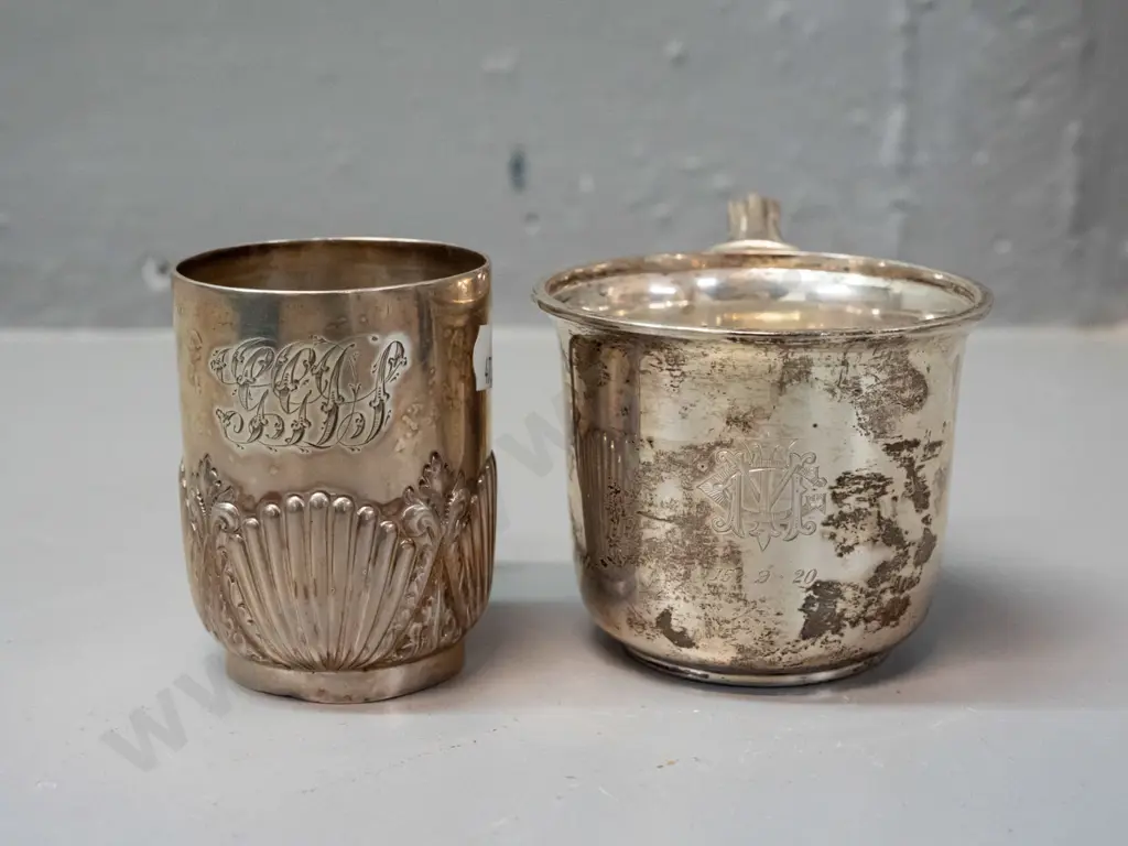 2 sterling silver monogrammed christening mugs, one with inscribed date 1920 - minor denting to both, taller is H-70 Image 1++