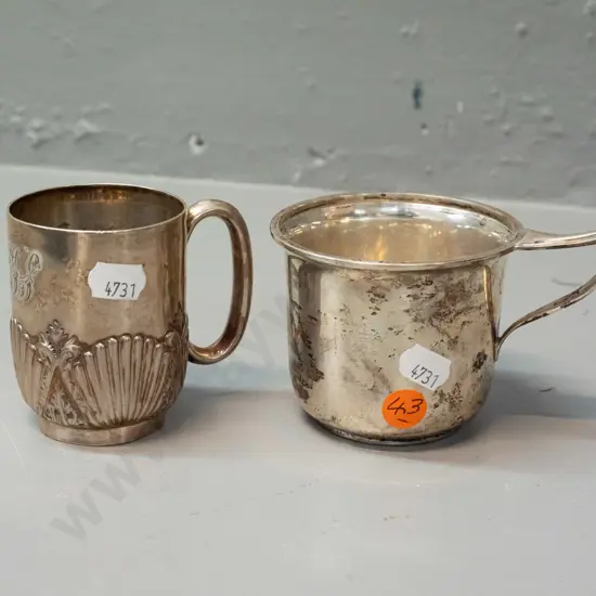 2 sterling silver monogrammed christening mugs, one with inscribed date 1920 - minor denting to both, taller is H-70