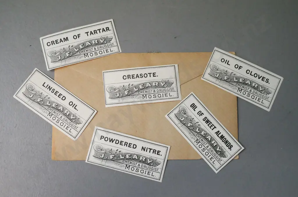 1880s antique Otago chemist labels unused: JF Leary Chemist & Druggist Mosgiel. Six labels varying drugs Image 1++