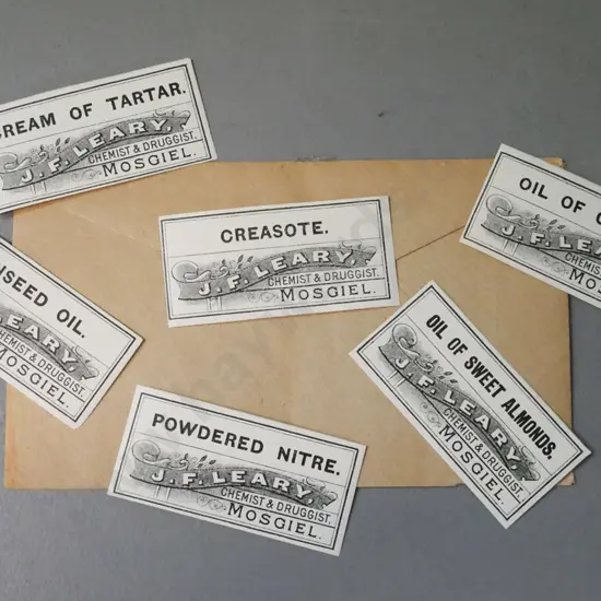 1880s antique Otago chemist labels unused: JF Leary Chemist & Druggist Mosgiel. Six labels varying drugs