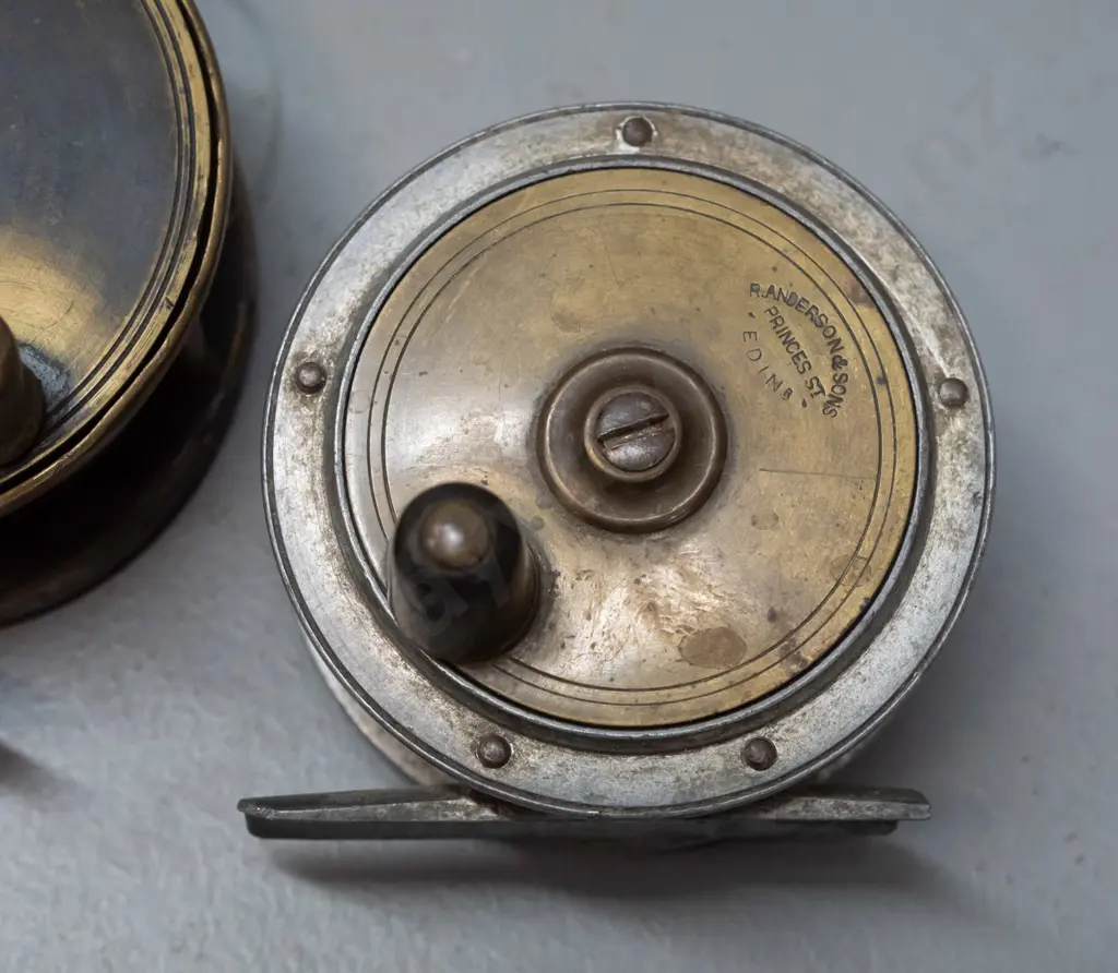 2 vintage brass & alloy fly fishing reels: A&W McCarthy Dunedin & Invercargill D-70, R. Anderson & Sons, Edinburgh D-65 Image 1++