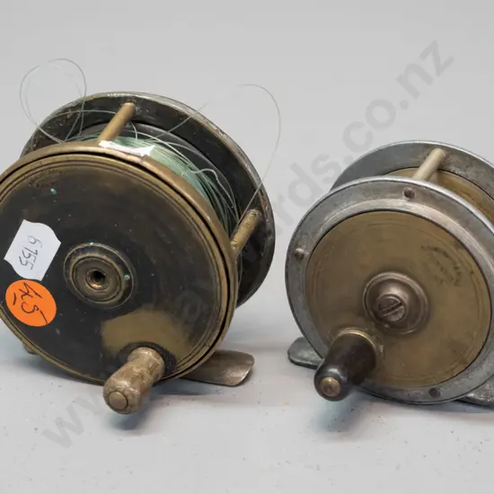 2 vintage brass & alloy fly fishing reels: A&W McCarthy Dunedin & Invercargill D-70, R. Anderson & Sons, Edinburgh D-65