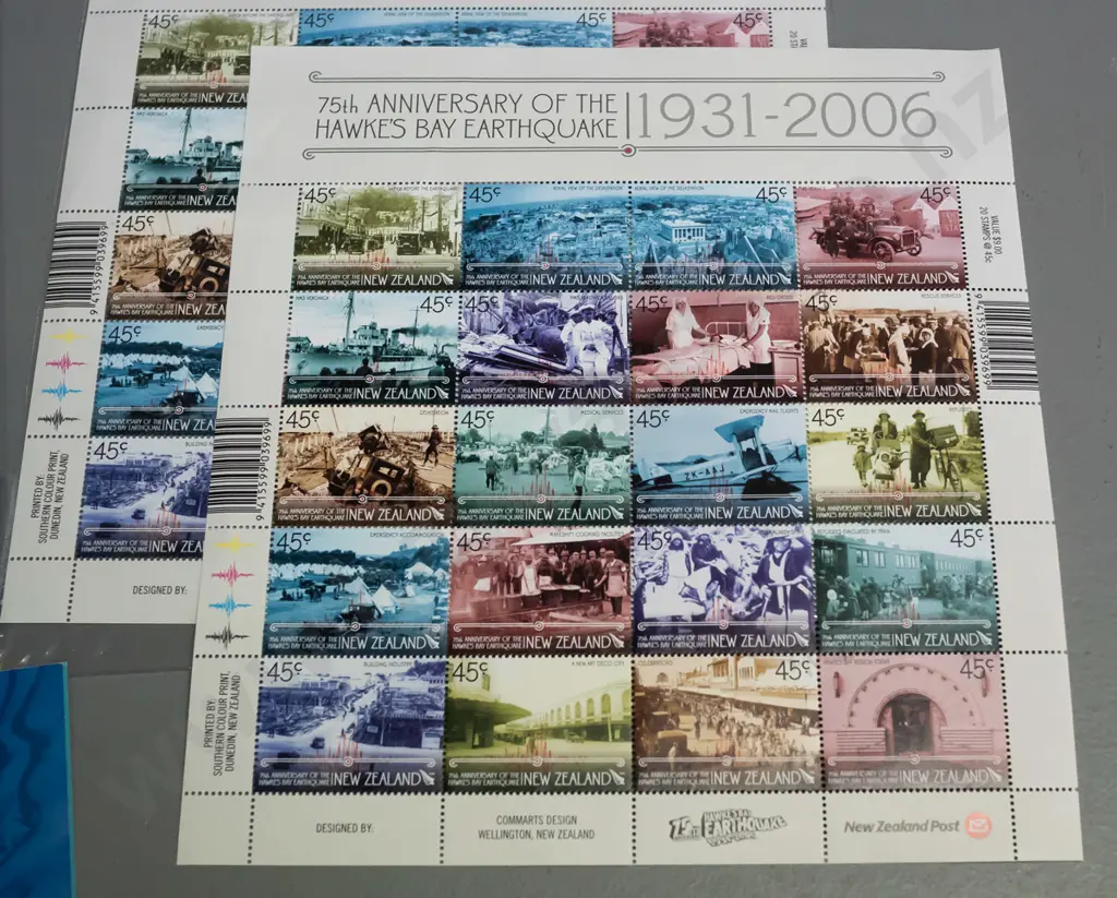 2 sheets of NZ Post stamps - Hawke's Bay Earthquake 75th Anniversary and 2 Millennium $10 notes, one with complete Image 1++