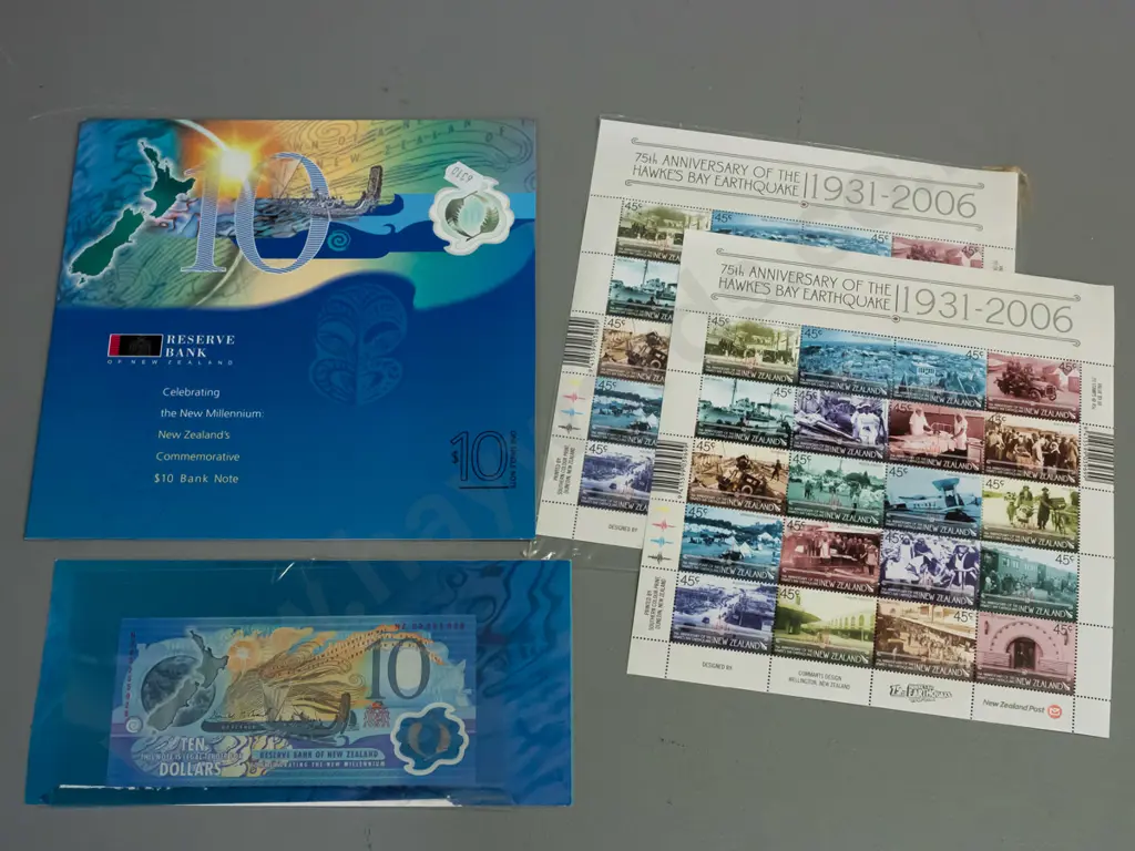2 sheets of NZ Post stamps - Hawke's Bay Earthquake 75th Anniversary and 2 Millennium $10 notes, one with complete Image 1++