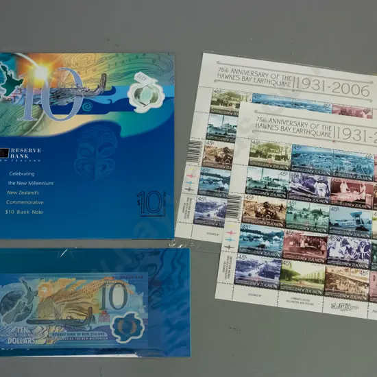 2 sheets of NZ Post stamps - Hawke's Bay Earthquake 75th Anniversary and 2 Millennium $10 notes, one with complete