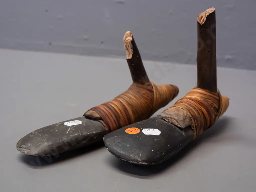 two stone adze heads with cane binding and remnant handles with borer holes - unknown origin (Pacific islands?) One has Image 1++