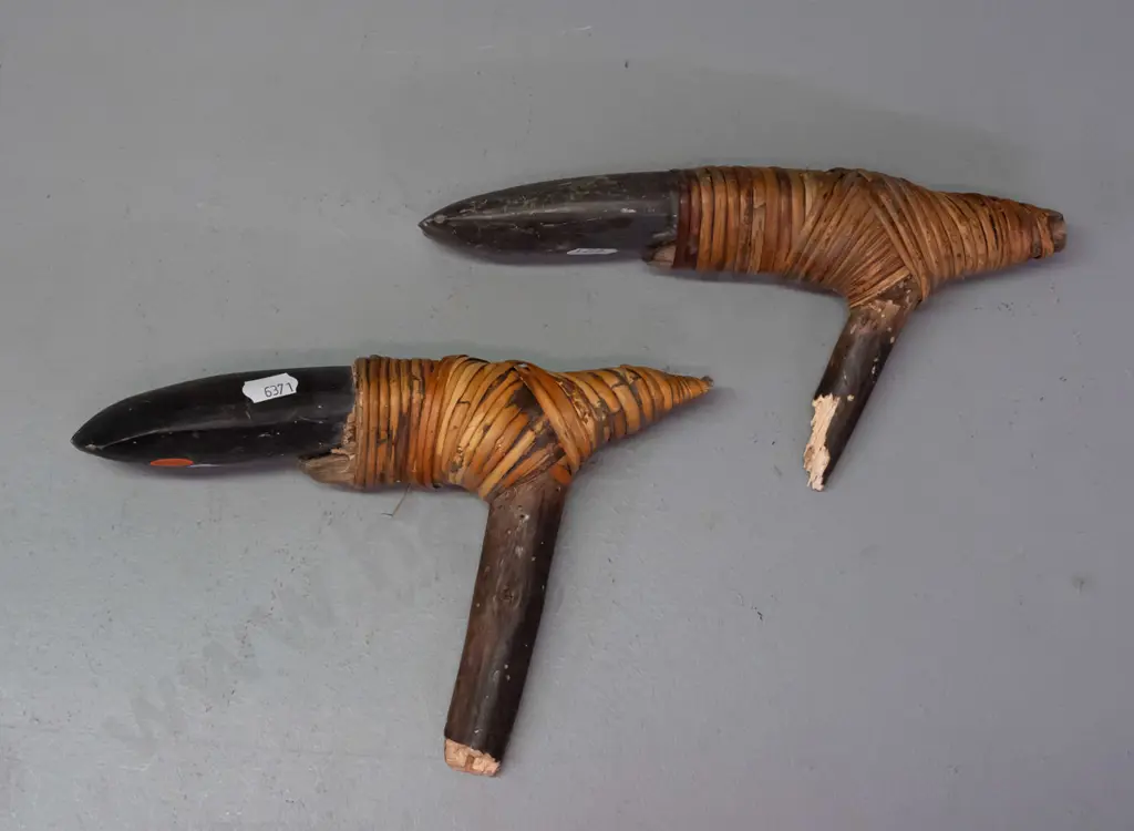 two stone adze heads with cane binding and remnant handles with borer holes - unknown origin (Pacific islands?) One has Image 1++