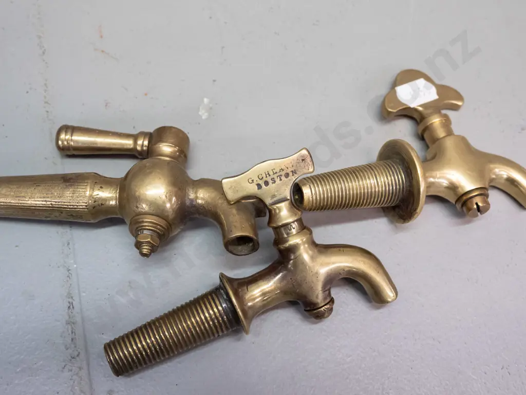 3 vintage small brass tap spigots, one marked G. Cheavin Boston. Longest is L-115 Image 1++