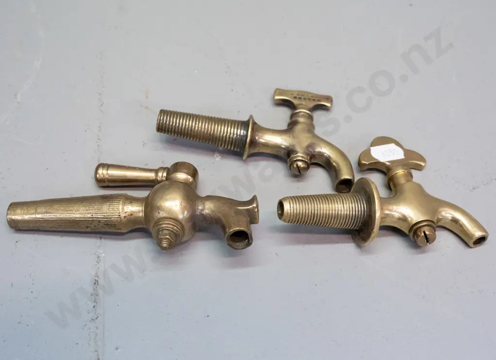 3 vintage small brass tap spigots, one marked G. Cheavin Boston. Longest is L-115 Image 1++