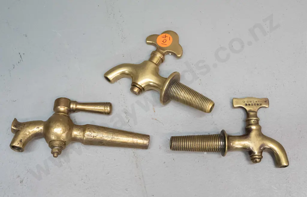 3 vintage small brass tap spigots, one marked G. Cheavin Boston. Longest is L-115 Image 1++