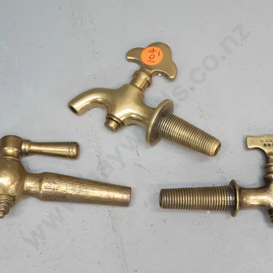 3 vintage small brass tap spigots, one marked G. Cheavin Boston. Longest is L-115