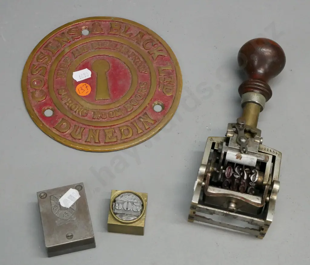 Vintage number stamp w/ turned hardwood handle, & associated items. Circular Brass and red painted plaque, Image 1++