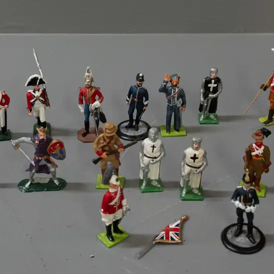 20 small painted cast metal soldier figures, various eras - some with minor paint chipping - average H-65