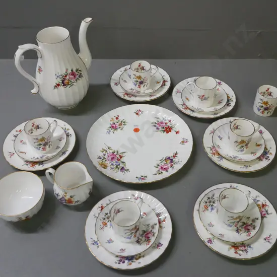 Royal Worcester floral and gilded coffee set. 6x coffee cans saucers & plates + 1 extra can. Milk & sugar, coffee pot.