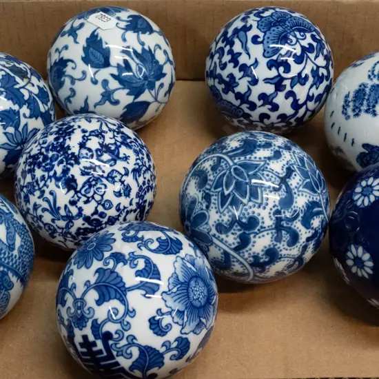 9 Chinese porcelain blue and white decorative balls - one w/dragon motifs, other insect, landscape or floral - D-80