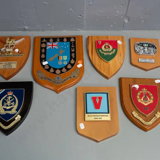 assorted military crests on timber backing boards - Royal Australian, Otago Officers Club, Ngati Tumatauenga,