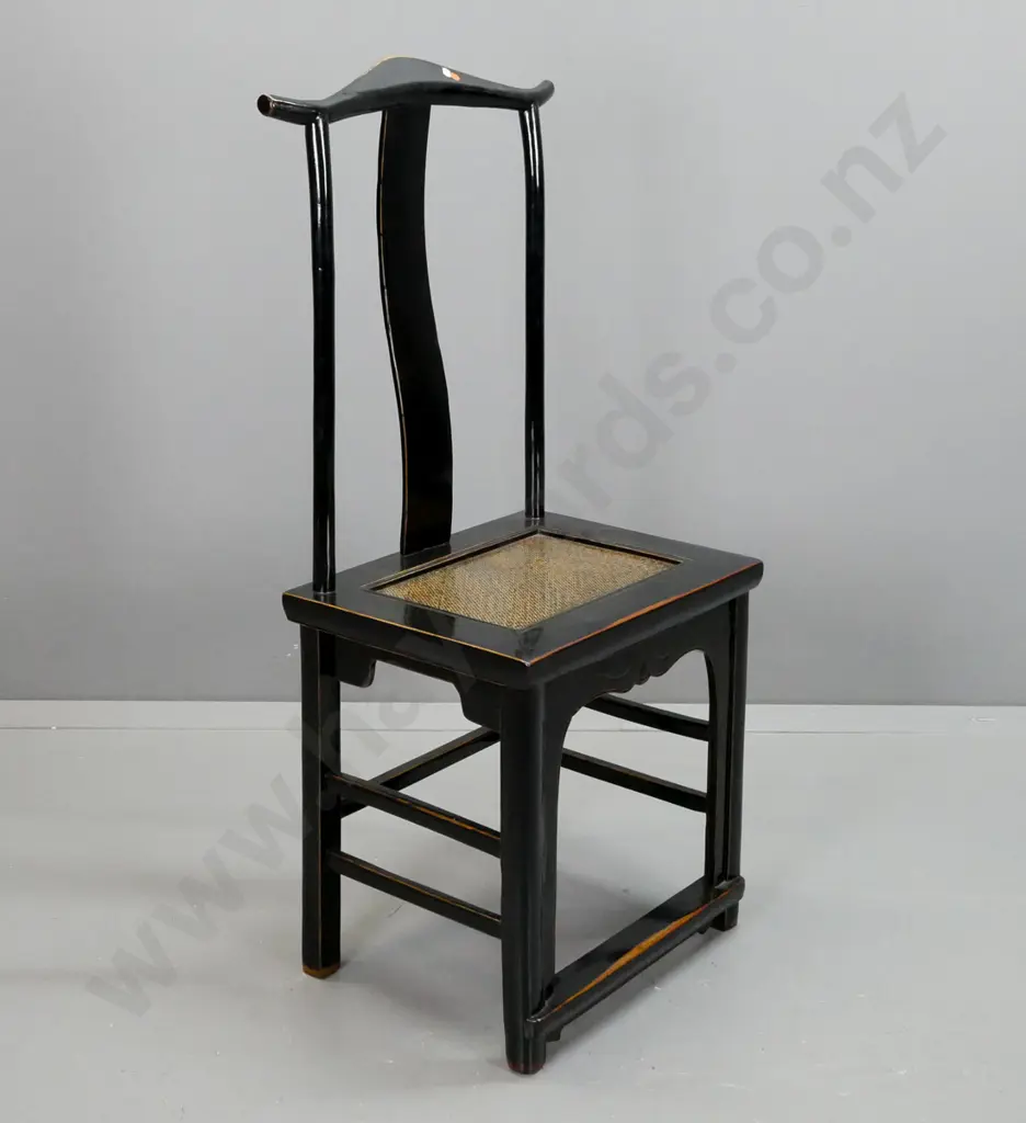 black lacquered elmwood yoke-back chair with wave shaped back splat, lacquered woven seat, front foot rest. H-1180 W-500 Image 1++