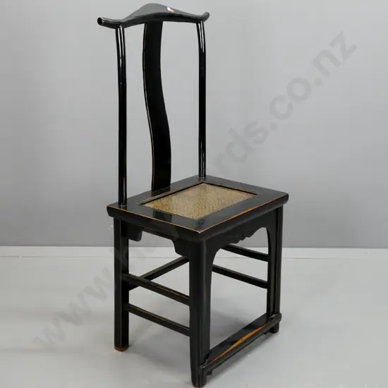 black lacquered elmwood yoke-back chair with wave shaped back splat, lacquered woven seat, front foot rest. H-1180 W-500