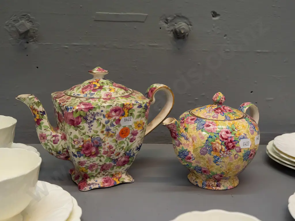 Two all-over floral teapots, Royal Winton 'Summertime', and 'Welbeck'. Four trios w/ 2 extra saucer & plate,Aynsley Image 1++