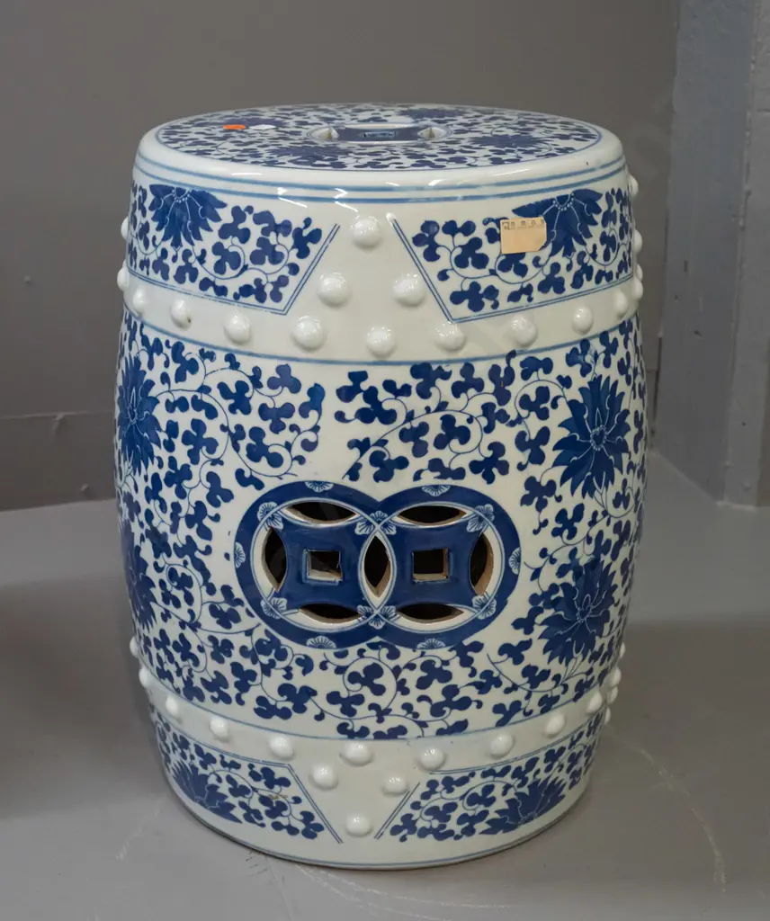 Chinese blue and white ceramic garden seat with pierced cutouts in top and sides, raised stud pattern H-430 D-290 at top Image 1++