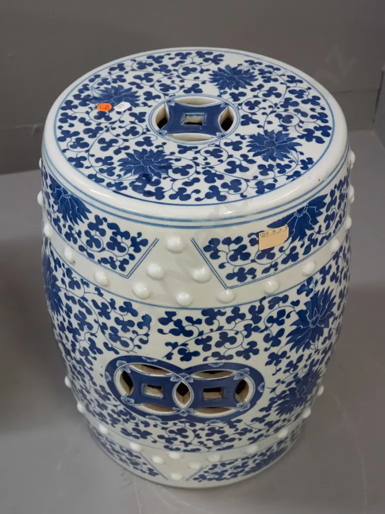 Chinese blue and white ceramic garden seat with pierced cutouts in top and sides, raised stud pattern H-430 D-290 at top Image 1++