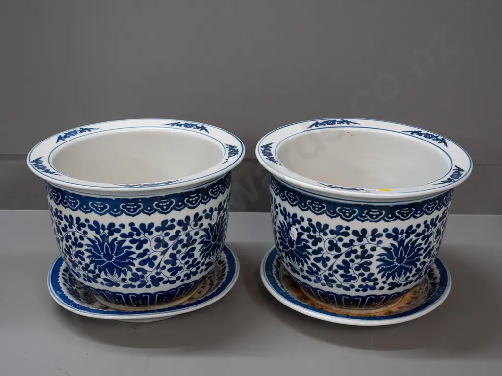 pair of Chinese blue & white jardinieres with trays - some staining inside, staining to both trays, chip to drain hole Image 1++