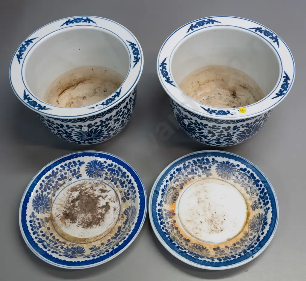 pair of Chinese blue & white jardinieres with trays - some staining inside, staining to both trays, chip to drain hole Image 1++