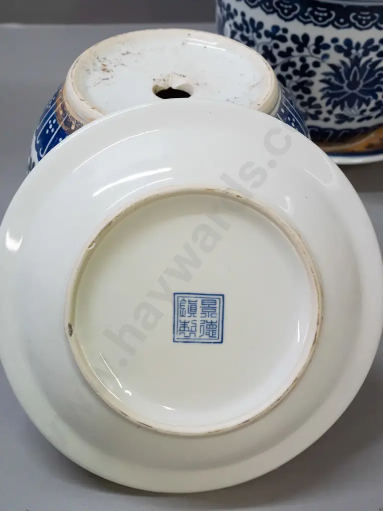 pair of Chinese blue & white jardinieres with trays - some staining inside, staining to both trays, chip to drain hole Image 1++