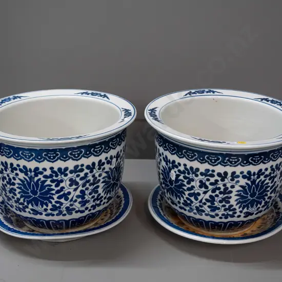 pair of Chinese blue & white jardinieres with trays - some staining inside, staining to both trays, chip to drain hole